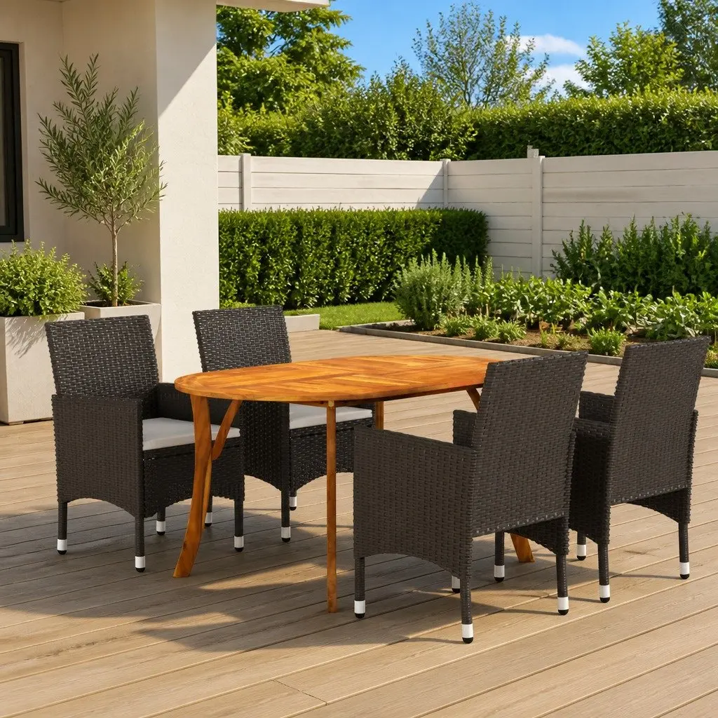 5 Piece Garden Dining Set Brown Acacia Wood Table Rattan Chairs Outdoor
