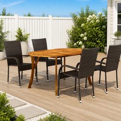 5 Piece Garden Dining Set Outdoor Table Chairs Brown Acacia Wood Rattan