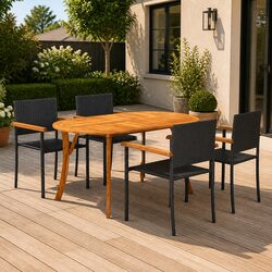 5 Piece Garden Dining Set Outdoor Table Chairs Black Acacia Wood PE Rattan