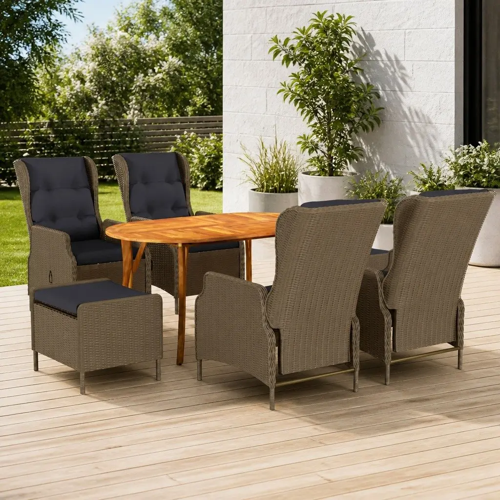 7 Piece Garden Dining Set Brown Acacia Wood Table Rattan Chairs Outdoor