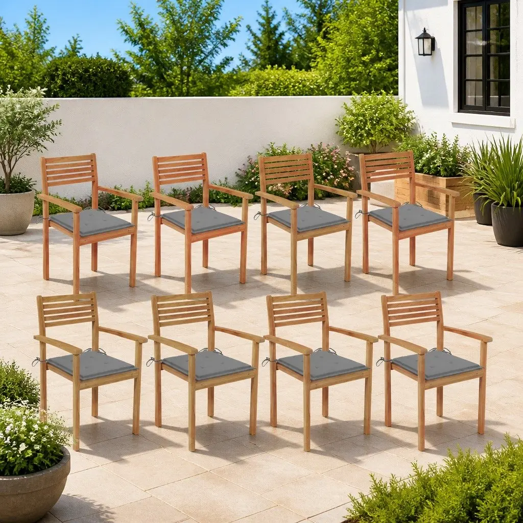Outdoor Stackable Chairs with Cushions 8 Piece Set Teak Wood Grey