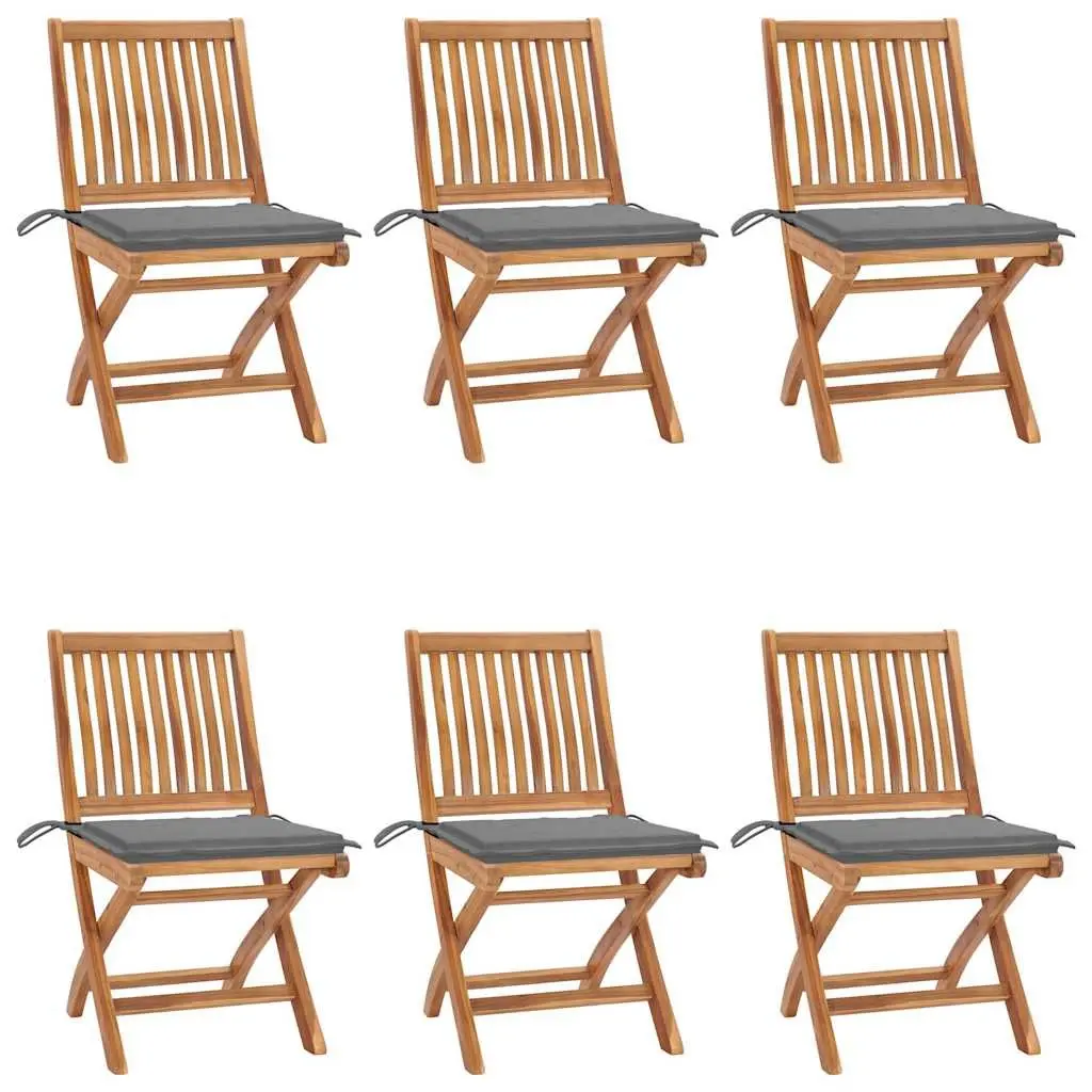 Outdoor Folding Garden Chairs Set 6 Pcs with Cushions Teak Wood Grey