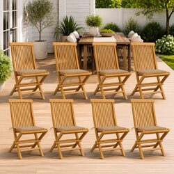 Outdoor Folding Garden Chairs Set of 8 with Beige Cushions Teak Wood Seating