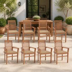 Outdoor Dining Chairs 8 Piece Set Teak Wood Stackable with Beige Cushions