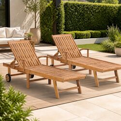 Sun Lounger 2 pcs Solid Teak Wood Slatted Design Garden Patio Outdoor Daybed