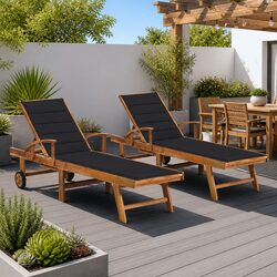 Sun Loungers 2 pcs Teak Wood Outdoor Daybed with Anthracite Cushion Adjustable