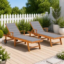 Sun Lounger Outdoor Daybed 2 pcs Teak Wood Adjustable Backrest Grey Cushion