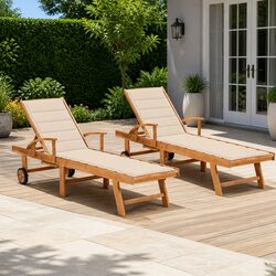 Sun Lounger Daybed 2 pcs Teak Wood Adjustable Backrest Outdoor Garden Patio