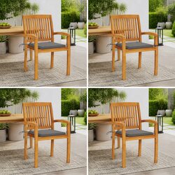 Outdoor Stacking Garden Chairs with Cushions 4 pcs Set Teak Wood Grey