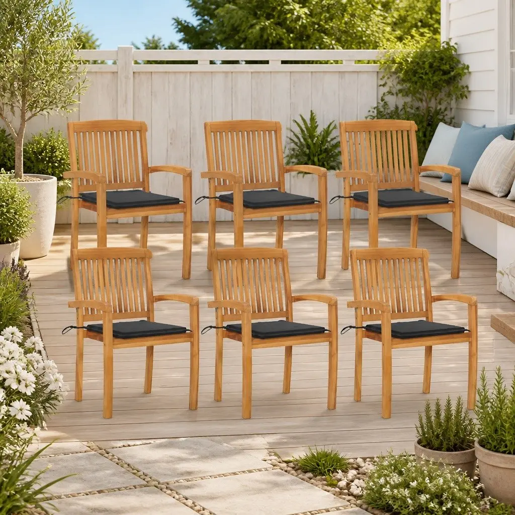 Stacking Garden Chairs with Cushions Teak Wood Anthracite 6 Piece