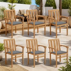 Outdoor Stackable Garden Chairs Set 6 Pcs Teak Wood with Grey Cushions