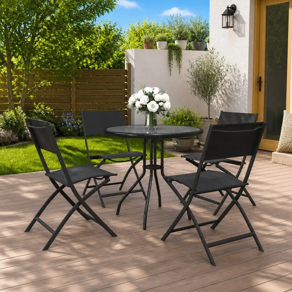 5 Piece Outdoor Dining Set Stackable Chairs Steel Frame Black