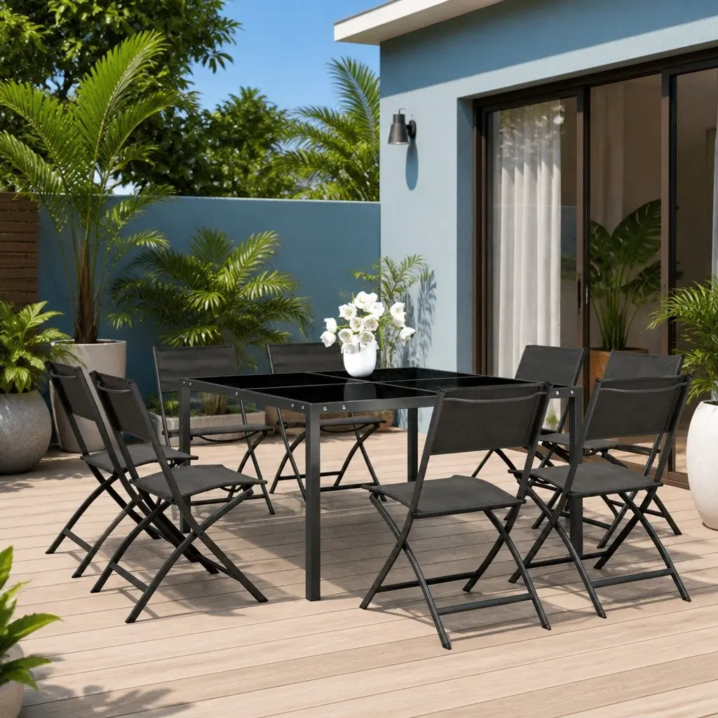 Outdoor Dining Set 9 Piece Steel Frame Table Chairs Stackable Garden Furniture