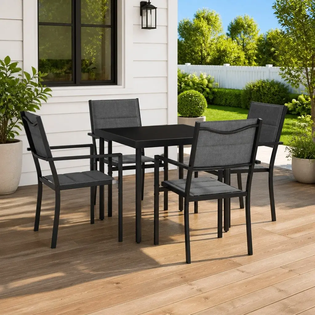 5 Piece Outdoor Dining Set Steel Frame Chairs Table Garden Furniture Black