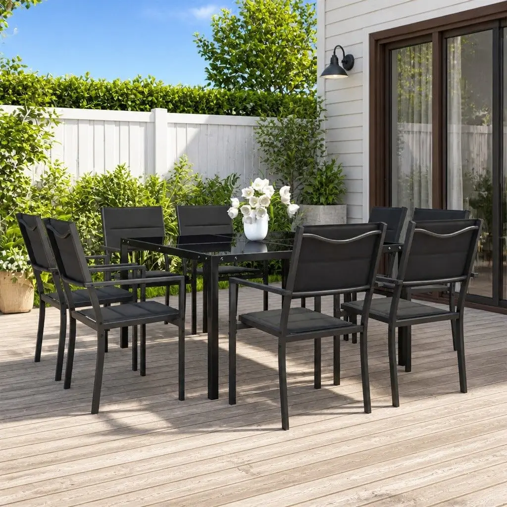 Outdoor Dining Set 9 Piece Garden Furniture Steel Frame Stackable Chairs Grey