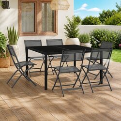 7 Piece Outdoor Dining Set Steel Frame Black Folding Chairs Garden Furniture