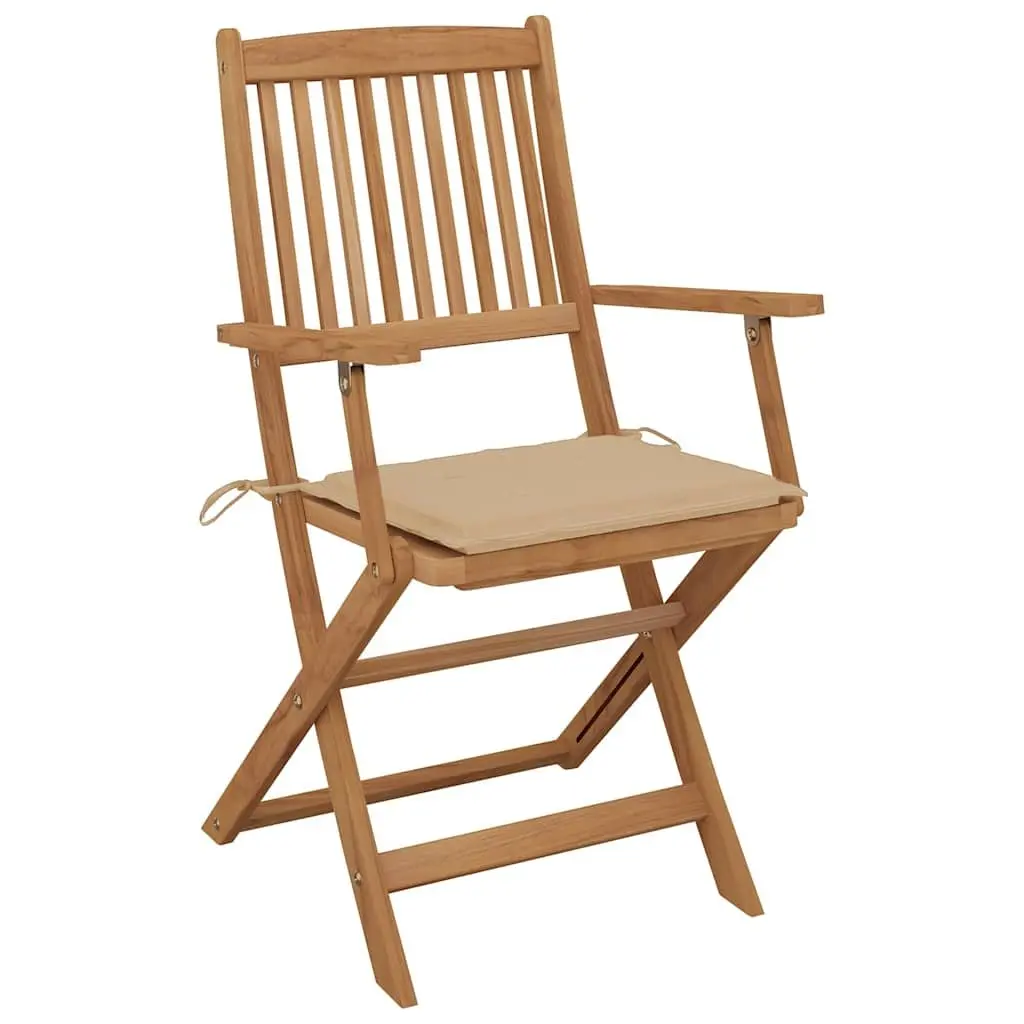 Folding Garden Chairs Set of 8 with Cushions Solid Acacia Wood Beige Outdoor Patio Seating
