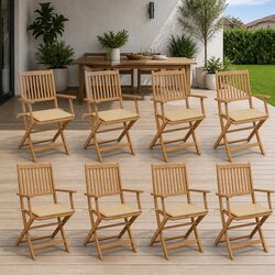 Outdoor Folding Dining Chairs Set 8 Pieces Wood Acacia with Cushions Beige