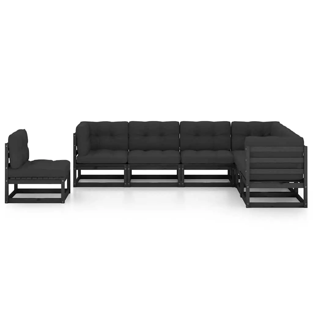 7 Piece Outdoor Garden Lounge Set with Cushions Black Solid Wood Patio Furniture