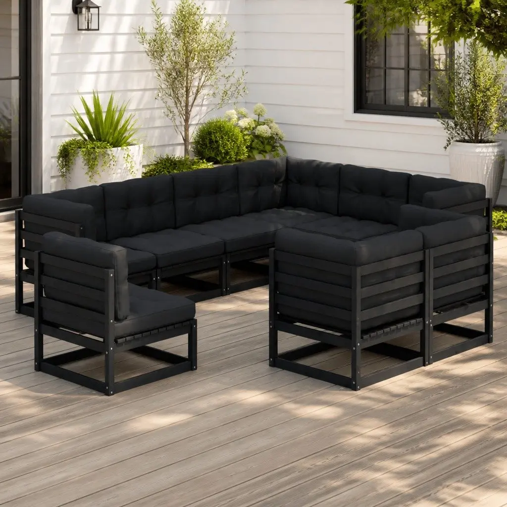 Garden Lounge Set 9 Piece Outdoor Furniture Solid Pinewood Sofa with Cushions Black