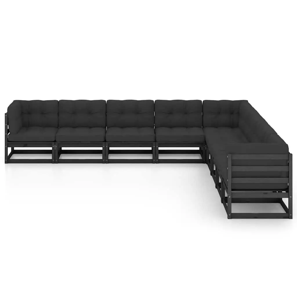 9 Piece Garden Lounge Set Solid Pinewood Black Outdoor Furniture with Cushions