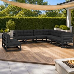 9 Piece Garden Lounge Set Outdoor Furniture with Cushions Black Solid Wood