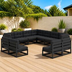 Garden Lounge Set 11 Piece Outdoor Furniture Black Pinewood with Cushions