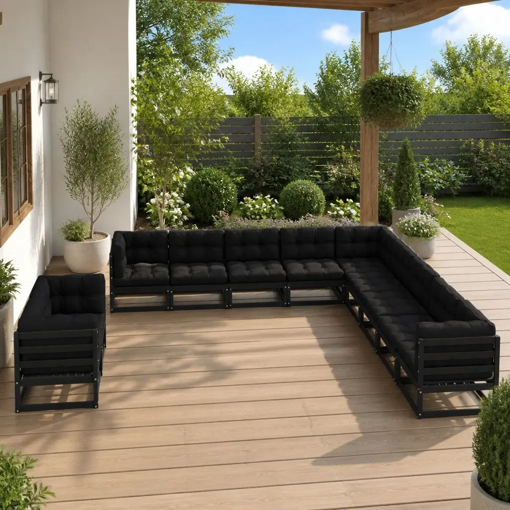 11 Piece Outdoor Lounge Set Solid Pinewood with Cushions Black