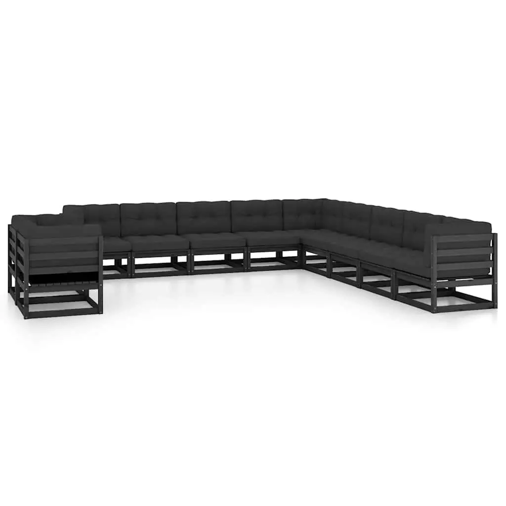 11 Piece Outdoor Lounge Set Solid Pinewood with Cushions Black