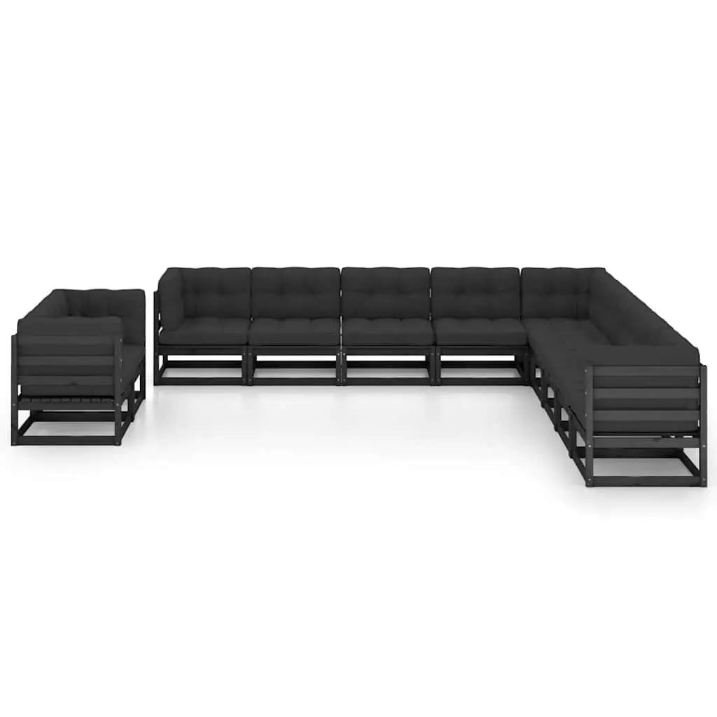 11 Piece Outdoor Lounge Set Solid Pinewood with Cushions Black