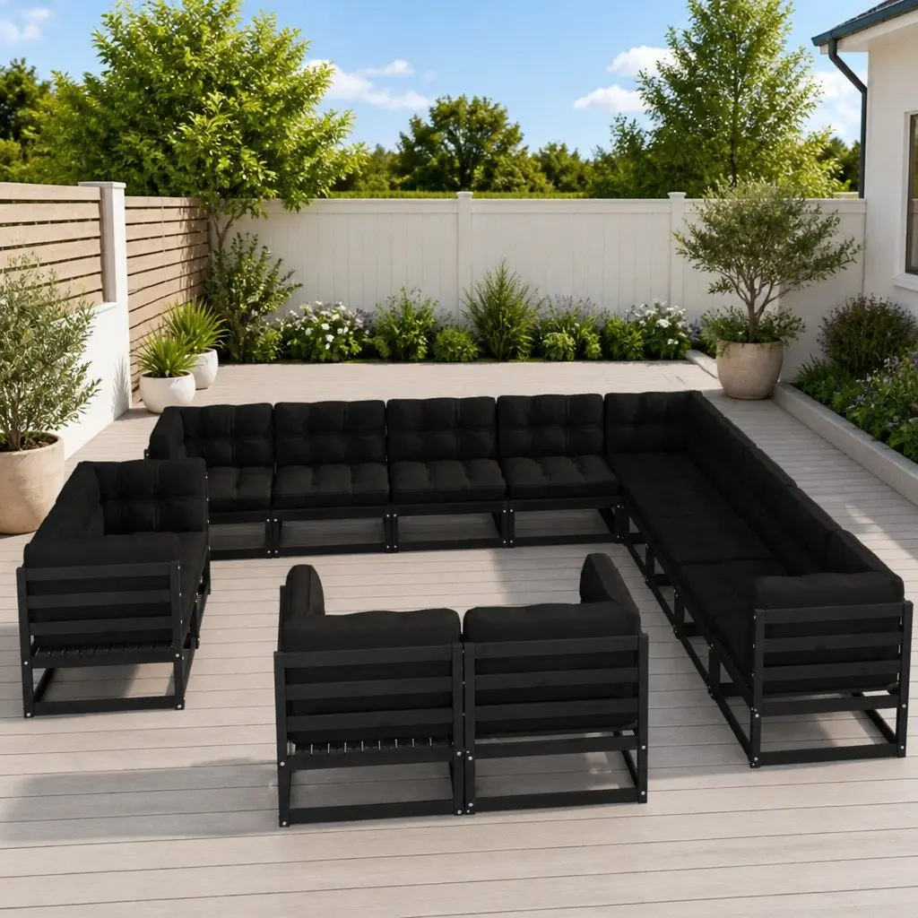 Garden Lounge Set 13 Piece Outdoor Furniture Cushions Solid Pinewood Black