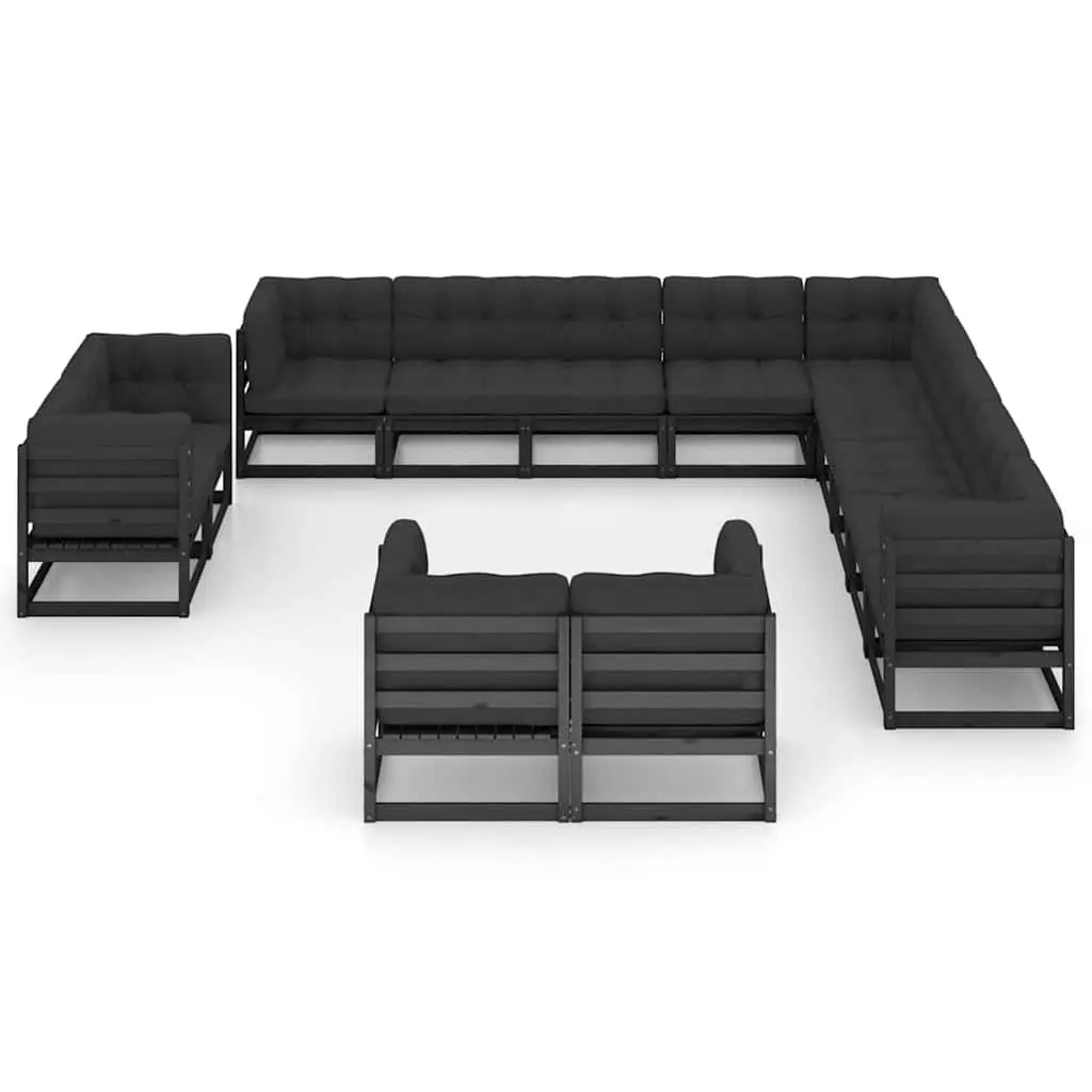 Garden Lounge Set 13 Piece Outdoor Furniture Cushions Solid Pinewood Black