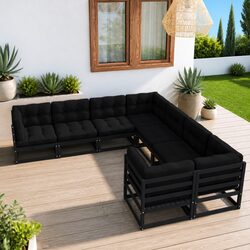 8 Piece Garden Lounge Set Outdoor Furniture Black Solid Pinewood with Cushions