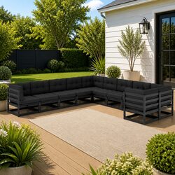 10 Piece Garden Lounge Set with Cushions Black Solid Pinewood Outdoor Furniture