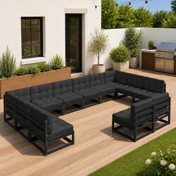 Garden Lounge Set 12 Piece Outdoor Furniture Pinewood Sofa with Cushions Black