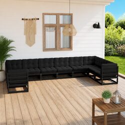 Garden Lounge Set 10 Piece Outdoor Furniture with Cushions Black Solid Wood