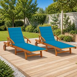 Sun Lounger 2pc Set with Cushions Solid Acacia Wood Outdoor Patio Daybed