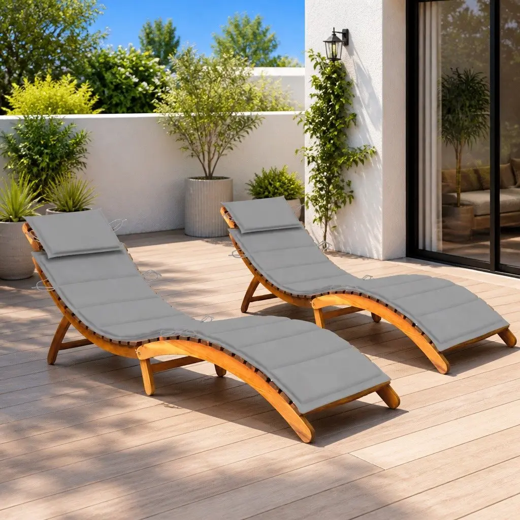 Sun Loungers Solid Acacia Wood 2 pcs with Cushions Grey Outdoor Garden Patio Daybed