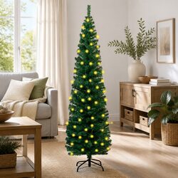 Slim Artificial Pre-lit Christmas Tree with Stand Green 240cm Indoor Holiday