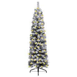 Slim Artificial Christmas Tree Pre-lit LED 240cm Flocked Snow Green Holiday