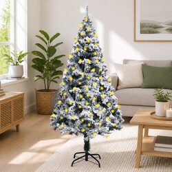 Artificial Pre-lit Christmas Tree Flocked Snow Green 180cm Holiday Decoration