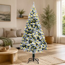 Artificial Pre-lit Christmas Tree Flocked Snow Green 210cm Holiday Decoration