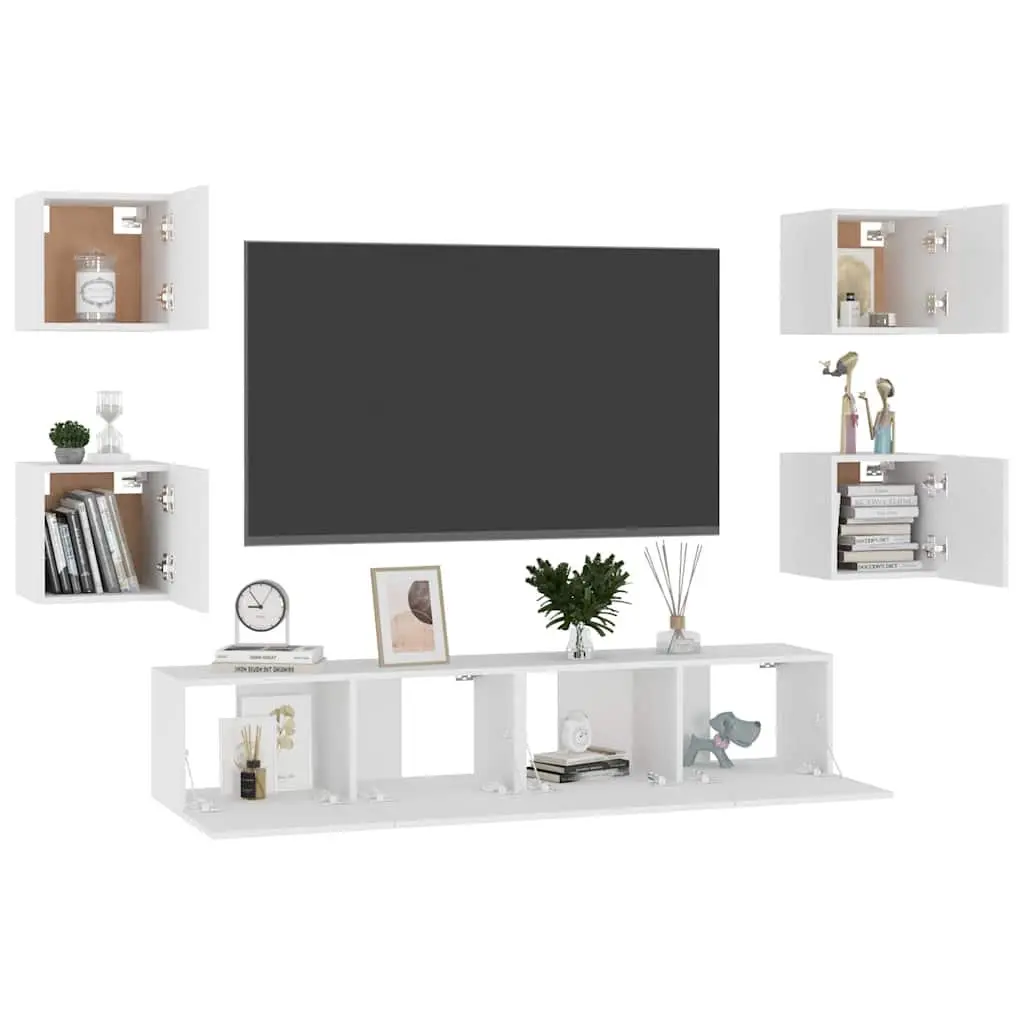 TV Cabinet Set 6 Piece Wall Mounted Storage Unit White Engineered Wood