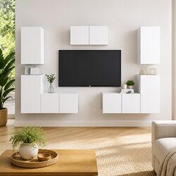 7 Piece TV Cabinet Set White Wall Mounted Storage Unit Living Room Furniture