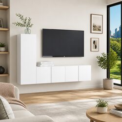 3 Piece Hanging Wall TV Cabinet Set Engineered Wood White Storage Unit Shelves
