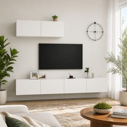 Wall Mounted TV Cabinet Set 3 Pieces White Storage Unit Organiser Display Shelf