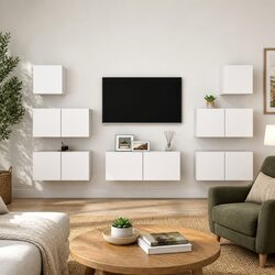 7 Piece TV Cabinet Set White Wall Mounted Storage Shelving Unit Living Room