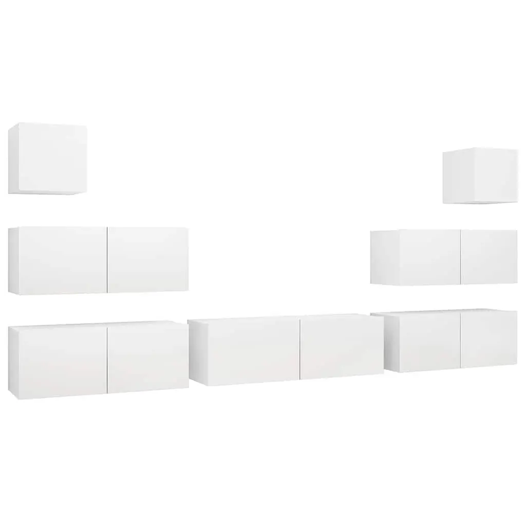 7 Piece TV Cabinet Set White Wall Mounted Storage Compartments Living Room Unit