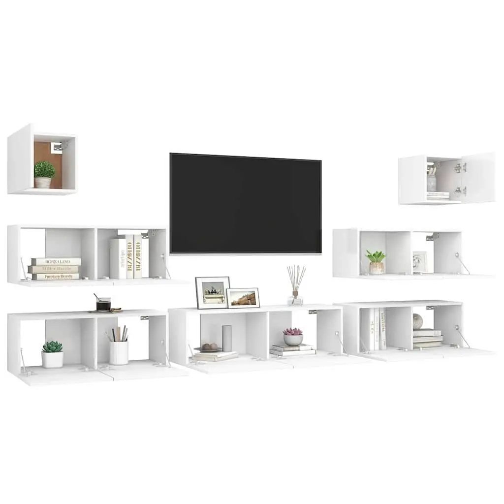 7 Piece TV Cabinet Set White Wall Mounted Storage Compartments Living Room Unit