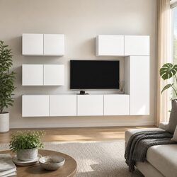 6 Piece TV Cabinet Set White Wall Mounted Storage Unit Living Room Furniture
